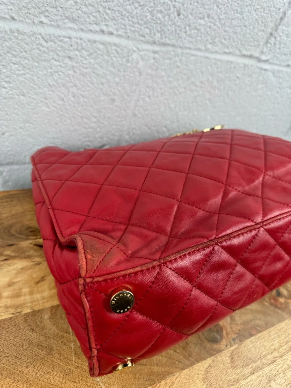 Michael Kors Red Leather Quilted Chain Shoulder Tote Bag Gold Hardware - Picture 7 of 16
